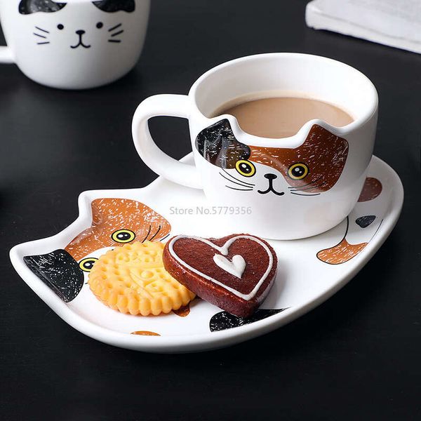 Cute Cat Ceramics Mug Set Handgrip Animal Mugs With Tray Creative Drinkware Coffee Tea Cups Novelty Milk Cup Breakfast