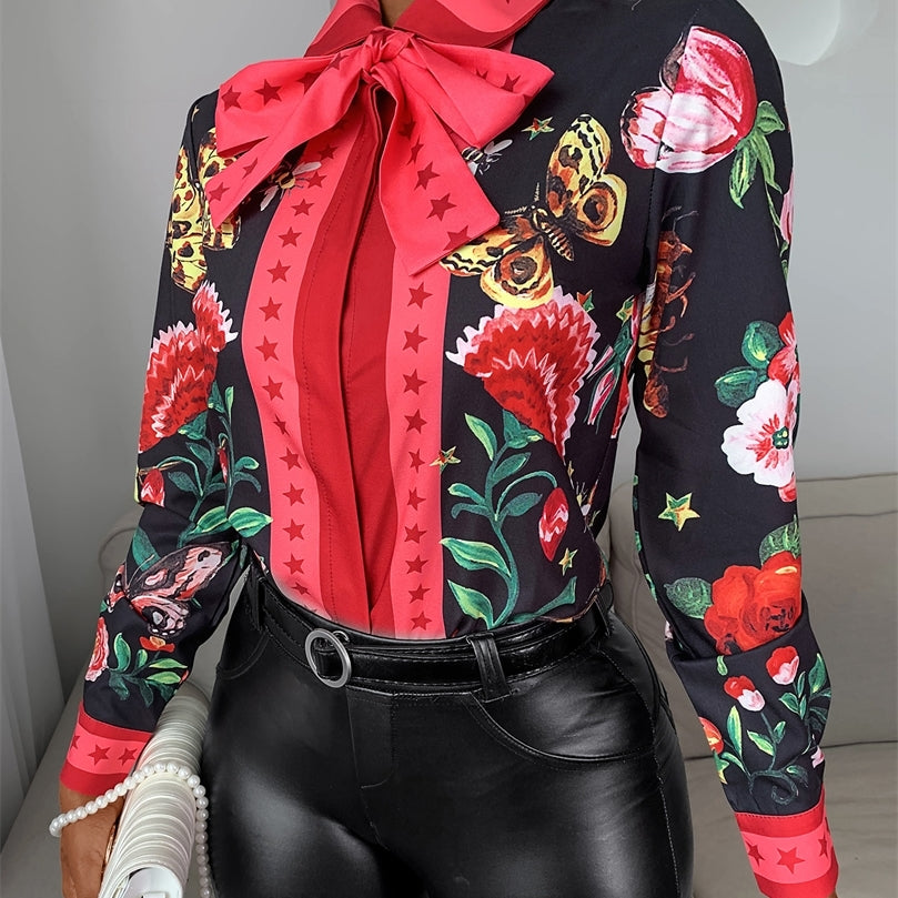 Women&#039;s Blouses Shirts Women Casual Autumn Turndown Collar Chic Chiffon Blouse Tie Neck Floral Long Sleeve Blouse Ladies Shirt 220826