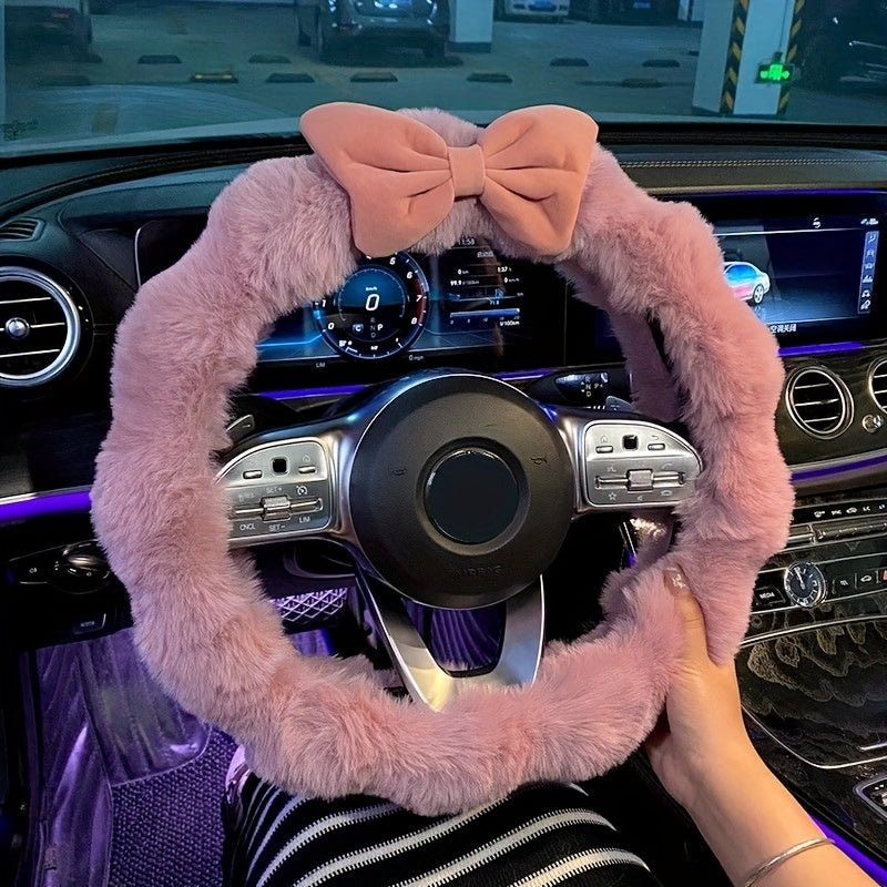 TEMU Plush Winter Car Steering Wheel Cover With Bowknot - Fit, Soft Polyester Interior Accessory