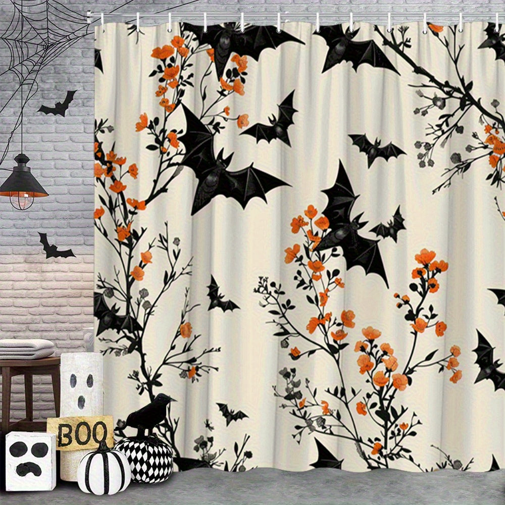 TEMU 1pc Gothic Halloween Bat & Shower Curtain - Black White Beige Bathroom Decor With & Bats Design, 70.8x70.8 Inch Polyester Fabric, 12 Hooks