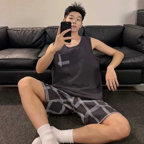 2024 Mens Pajamas Pijamas Sleepwear L XL 2XL 3XL Sleeveless Top Shorts Set Striped Two-piece Home Wear Summer Soft ComfortableXJ240815