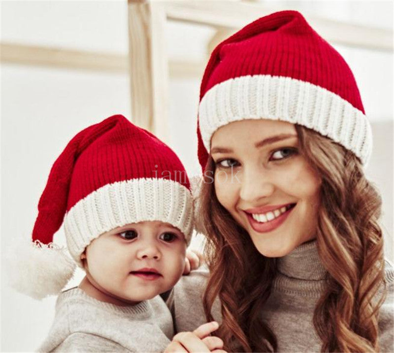Winter Hairball Parent-child Knitted Hats Party Favor red Mother Baby woolen yarn hat Winters keep warm knitting cap DE863