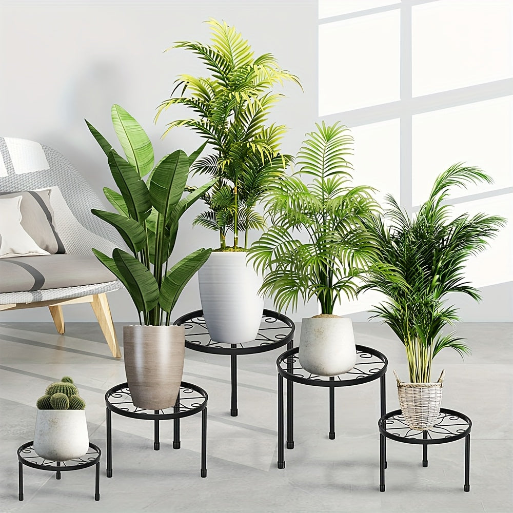 TEMU 5pcs Heavy Duty Metal Plant Stands - Rust-resistant Iron Round Planters With Black Finish, Sturdy Indoor-outdoor Plant Display Racks For Home,