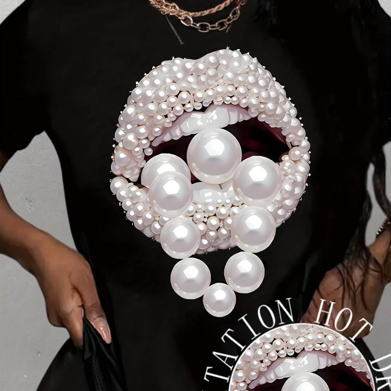 TEMU Art Jewelry Lip Pattern Art Print T-shirt, Trendy Fashion Women's T-shirt, Summer Short Sleeve Top Casual