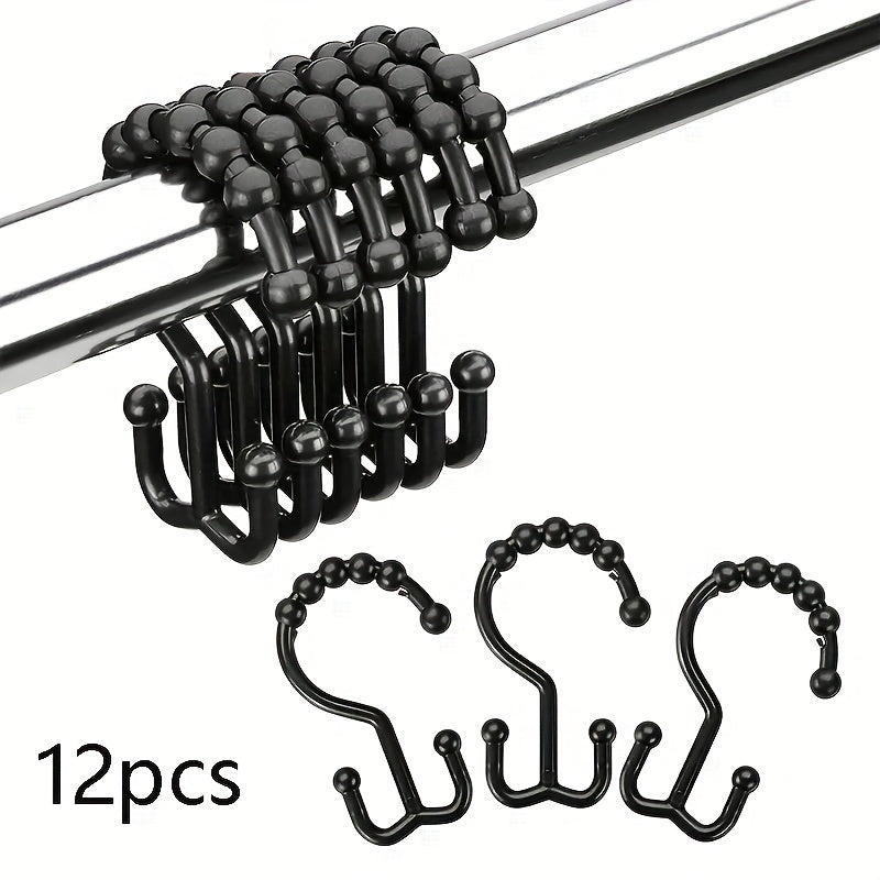 TEMU 12pcs Clear Plastic Shower Curtain Hooks - Durable Bathroom Organizer With Sleek Metallic Finish, 3 Colors (blue, Green, White) For & Stylish