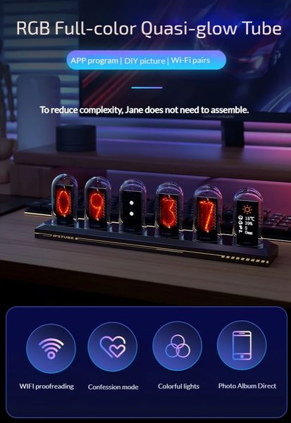 Nixie Tube Clock IPS Retro Glows Analog Clock DIY IPS Color Screen Digital Clock RGB Electronic Desktop Digital Clock Decoration 241113