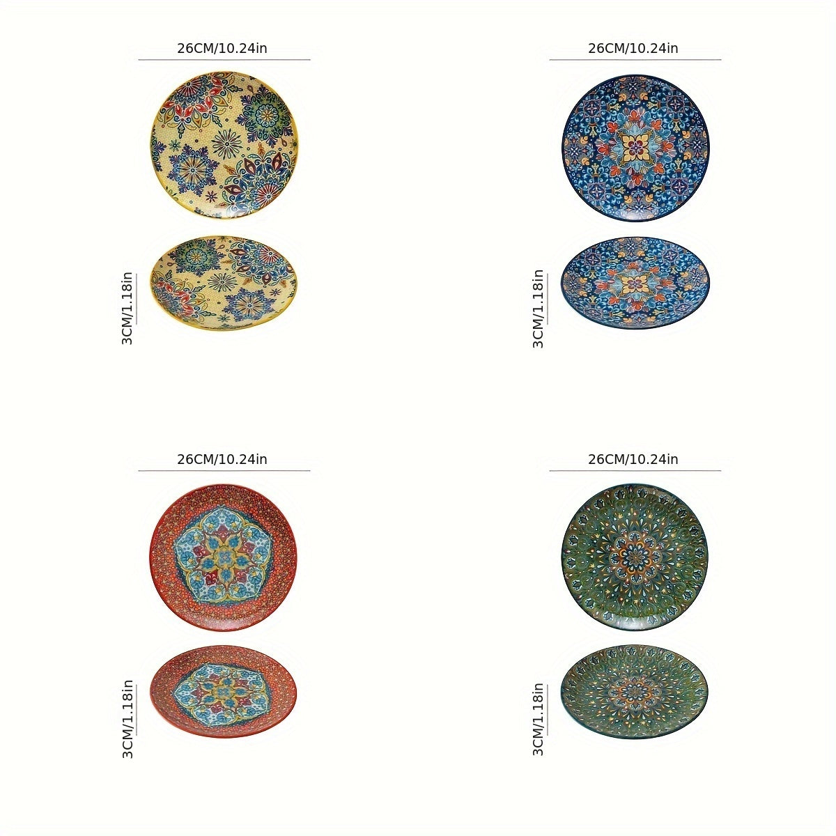 TEMU Ntkow 1 Set Of 4pcs Bohemian Ceramic Plates! 10-inch Large Plates With -ideal For Steaks, Western Dishes & Breakfasts. Stylish & Versatile, Add