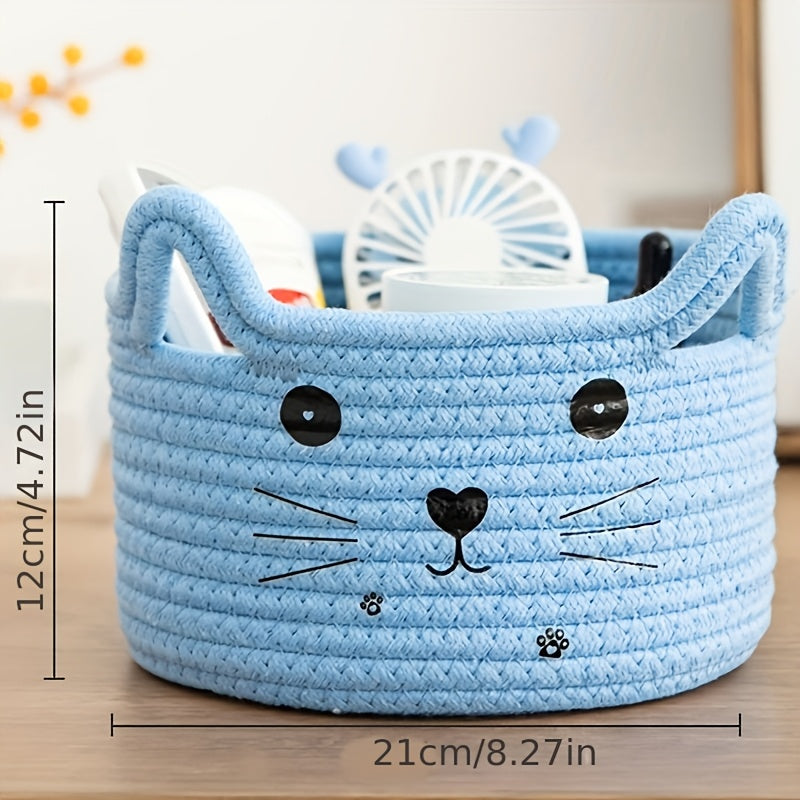 TEMU Cat Face Woven Basket - Adorable Kitten Design With Storage, & Organizer For, Blankets, Books - Multi-room Basket For, Bedroom, Dorm, Office -