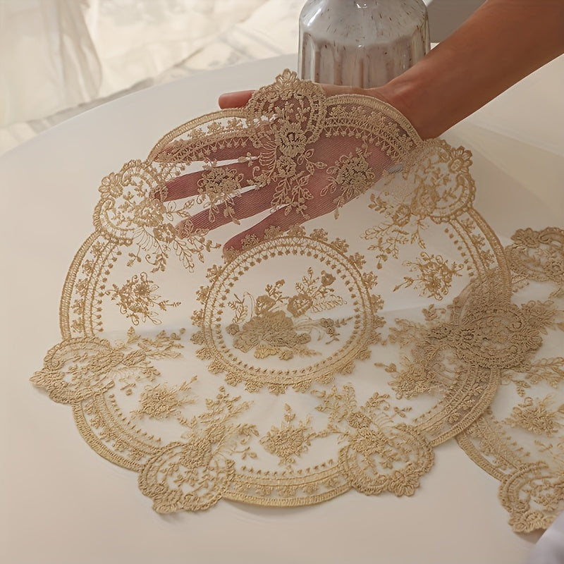 TEMU 6pcs Handmade Embroidered Lace Placemats, Round Polyester Table Mats For Dining, Coffee Table, Flower Pots, Home & Wedding Decor, Thanksgiving