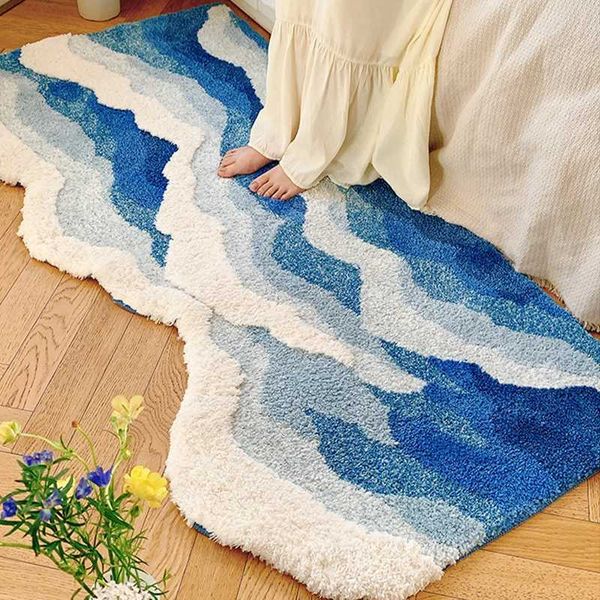 Ocean Wave Flocking Bedside Rug Bedro Floor Mat Living Ro Carpet Children Playmat Spray Ro Decor Alfbras Z250208