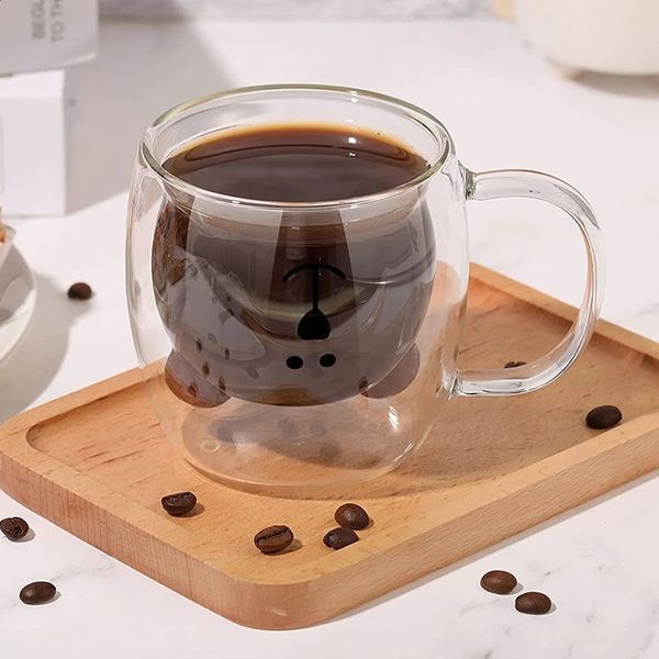 250ML Double Bear Cup Cute Coffee Mug With Handle Transparent Cute Milk Juice Tea Drinking Cups Insulated Espresso Utensils 250118