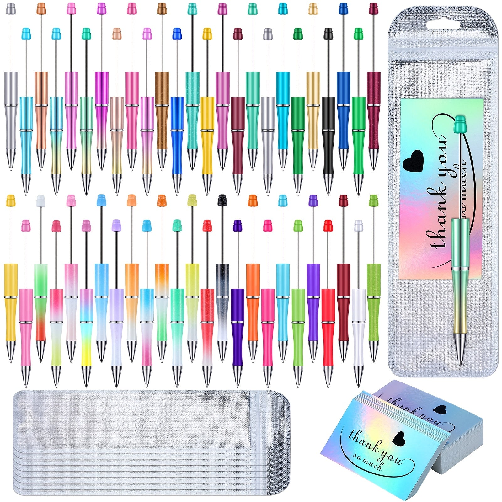 TEMU Halloween Gifts 150pcs Beadable Pens Kit 50pcs Colors Plastic Beaded Ballpoint Pens Bulk 50pcs Foil Thank You Cards With 50pcs Resealable Pen