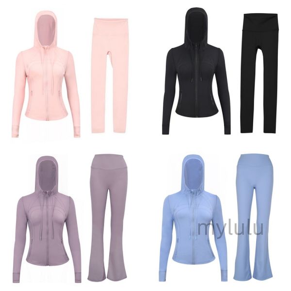 Womens Yoga hooded Jacket Outfit Solid Color Sports Shaping Fiess Jogging Sportswear workout leggings bell bottom set