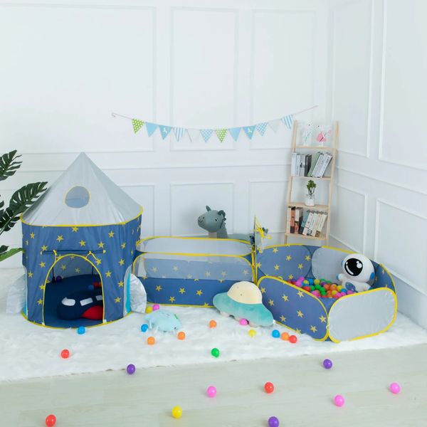 3 in 1 Portable Rocket Childrens Tent Toys Camping Kids Ball Pool for Children Play House Crawling Tunnel Popup 240202