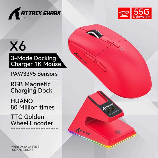 Attack Shark X6 PAW3395 Bluetooth Mouse,Tri-Mode Connection,RGB Touch Magnetic Charging Base,ro Gaming Mouse