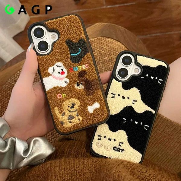 High Quality Luxury cartoon embroidered cute dog and cat colored dot phone case suitable for iPhone 13 14 15 16 Pro Max plush winter shock-a