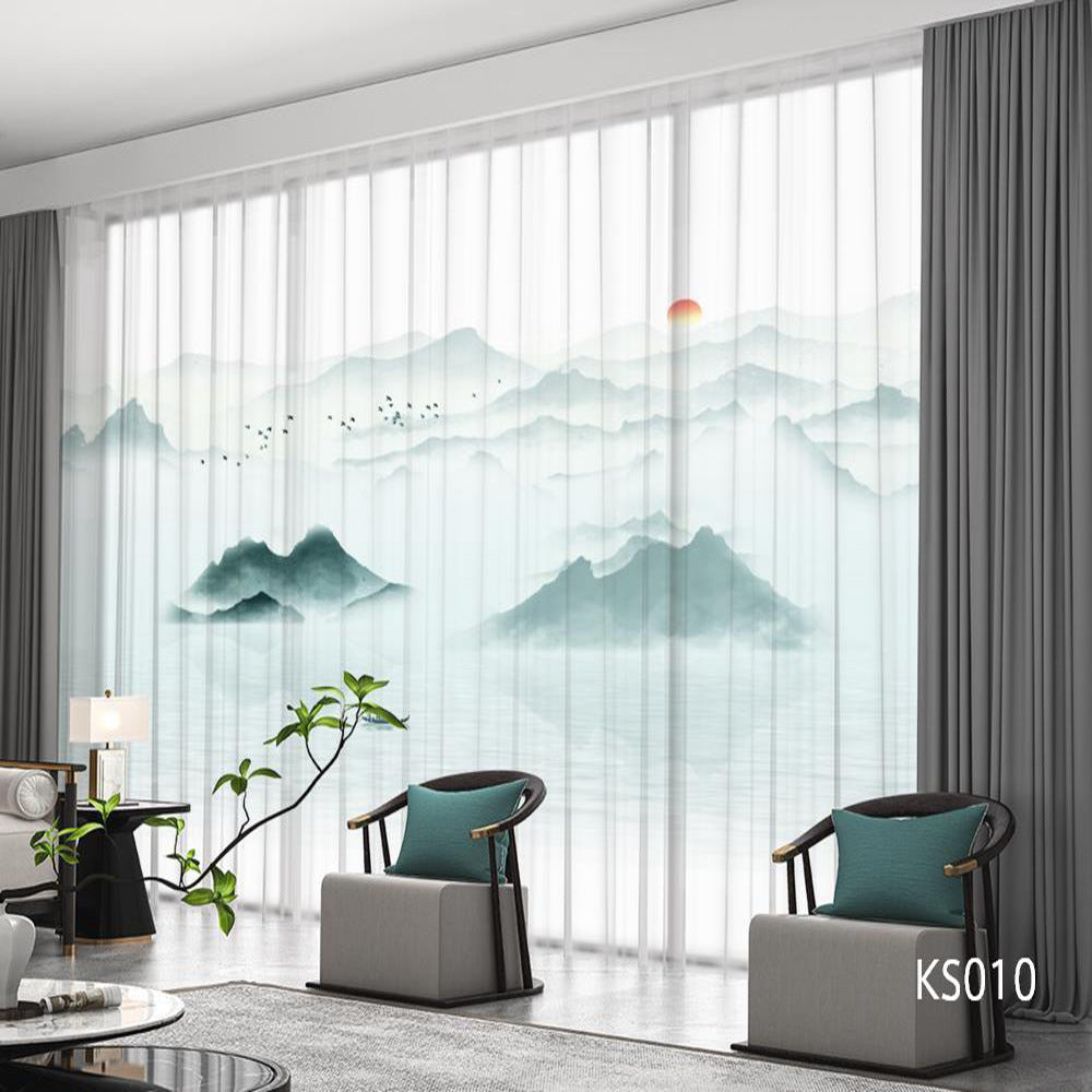 YL-36680 modern new Chinese style ink landscape painting scenery living room study high-end bedroom famous curtain Zen gauze curtain