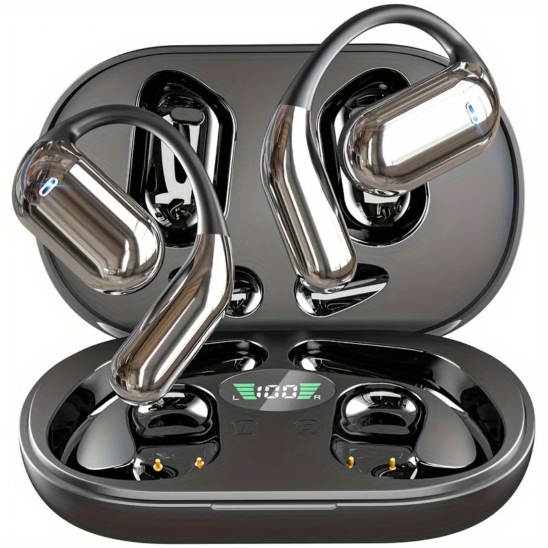 TEMU Open Ear Bluetooth 5.4 Earphones, Wireless Earphones With Built-in Microphone, Earbuds With Ear Hook For 50h Time, Led Display Screen, Charging