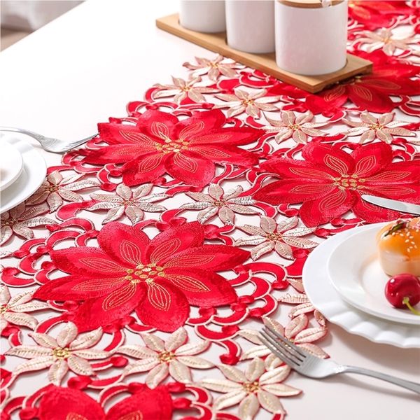 Table Runner Holiday Christmas Table Runner Polyester Embroidered Floral Christmas Flower Dresser Scarf Table for Restaurant Kitchen Home 23