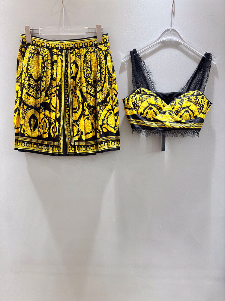 Summer Vacation High Street Skirts Suit Women Short Spaghetti strap Top with Skirts Vinatge Printing Two Pieces Set