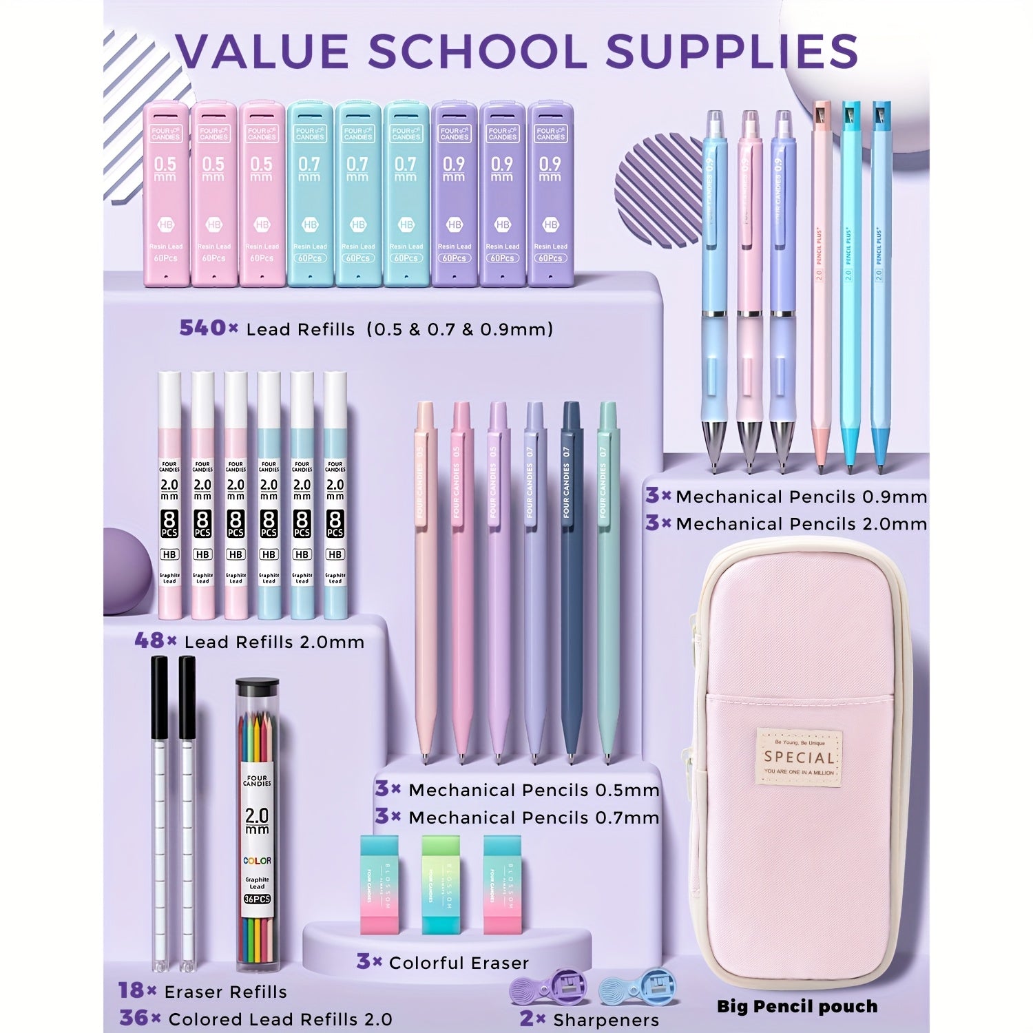 TEMU 4 Candies 36pcs Beautiful Learning Supplies, 0.5mm, 0.7mm, 0.9mm And 2.0mm Mechanical Pencils, Includes 624pcs Refills, Cute Mechanical Pencils