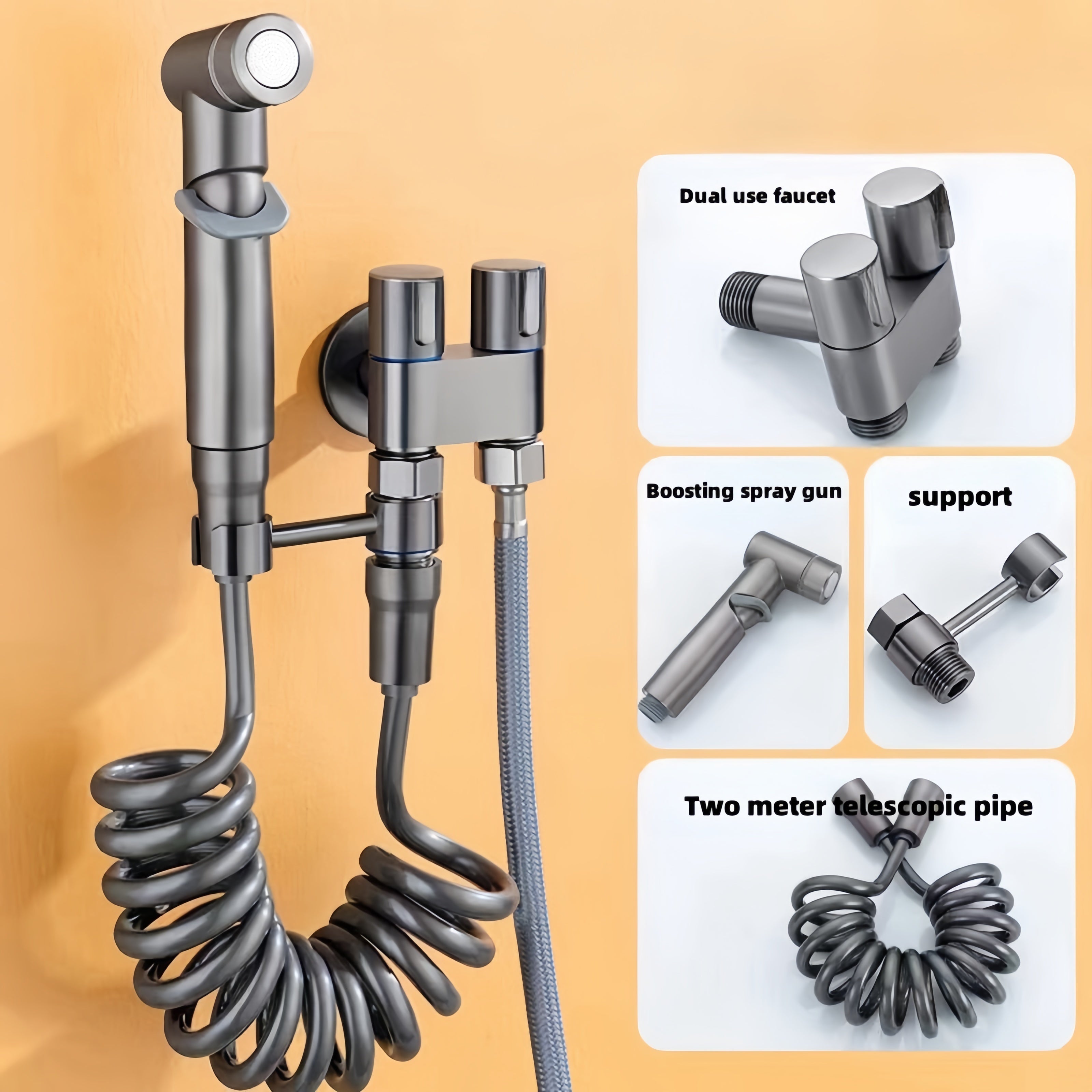 TEMU Water Outlet Angle Valve With Hand-held Toilet Spray And Flexible Hose, Fashionable Design, Wall Mounted Toilet Cleaning Booster Washer,