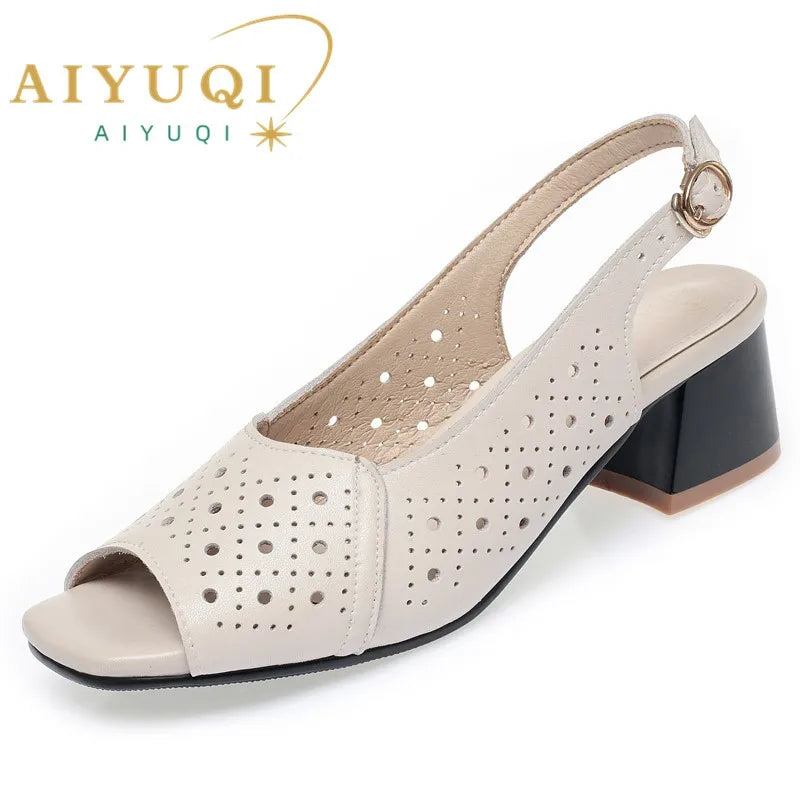 AIYUQI Sandals Women Summer Fishmouth Genuine Leather Women Sandals Block Heel Large Size Middle-aged Mom&#039;s Sandals