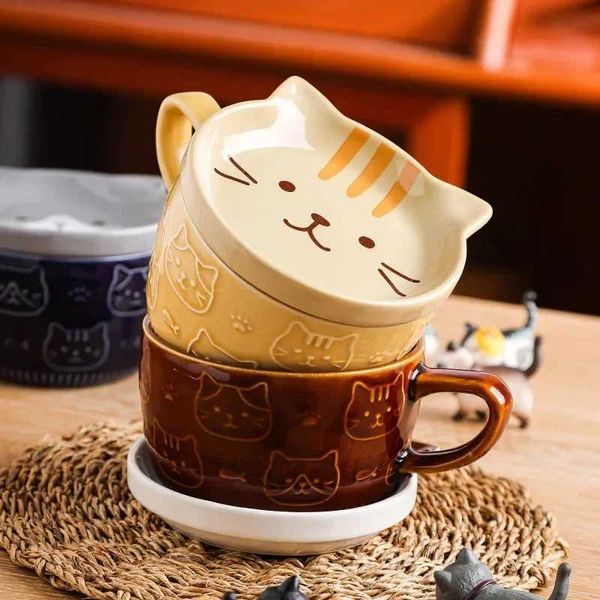 Japanese style ceramic cartoon animal cute family breakfast cup office coffee cup with lid couple water cup CL240905