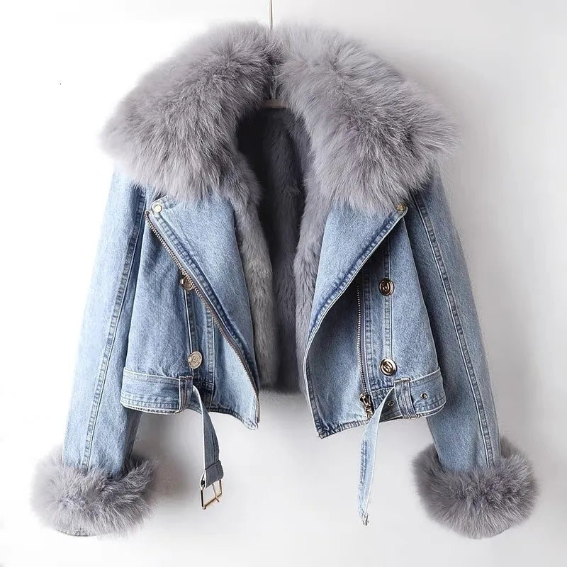 New Women Faux Fox Fur Collar Jean Coat Winter Jacket Female Short Warm Parkas Rabbit Hair Ing Outwear Fashion Overcoat
