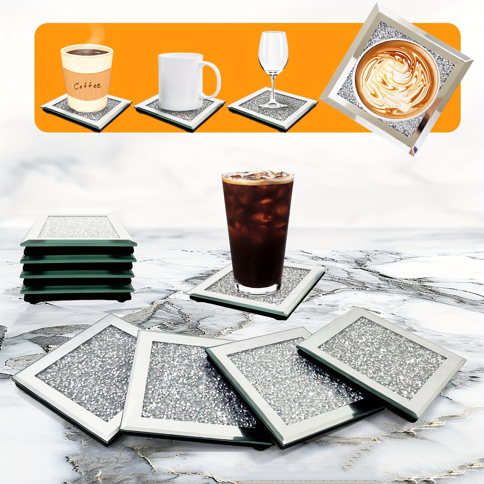TEMU 4pcs Set, Sparkling Coaster, Polished , Square Drink Mats For Cups, Mugs, Coffee Table, Decor, Ideal For Christmas, Thanksgiving, Valentine&;s,