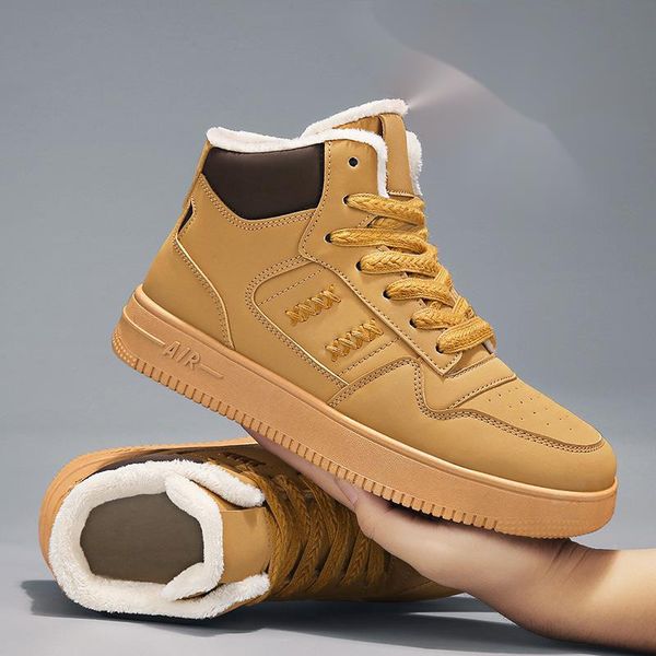 Students&#039; autumn and winter velvet men&#039;s board high top woven lace up cotton shoes, trendy casual warm snow boots