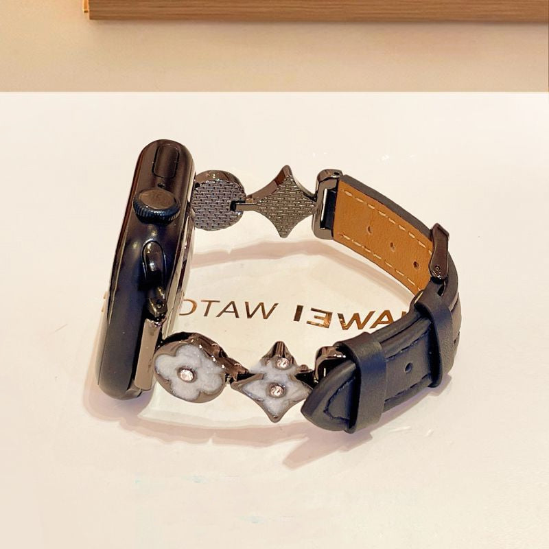 2025 Four Leaf Flower Leather Metal Premium Suitable for Apple Watch Strap Breathability 38mm 40mm 41mm 42mm 44mm 45mm iWatc Series Luxury Designer