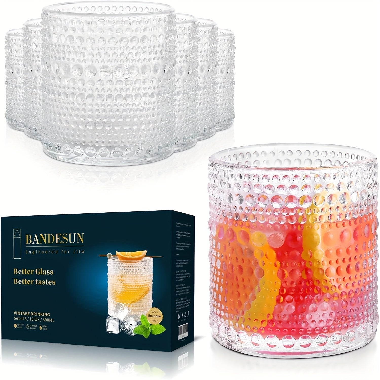 TEMU 6 Large Glasses, 13oz Hobnail Glassware Glass , Bpa-free And , Easy To Clean, Dishwasher Safe