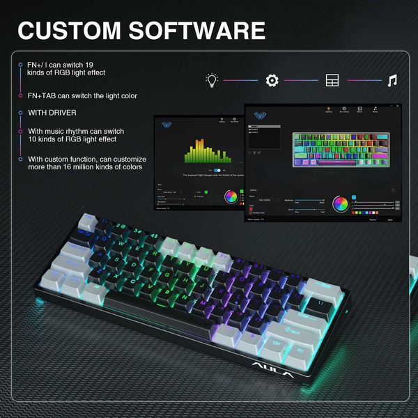 Keyboards AULA F3261 60% wired mechanical keyboard RGB backlit 3-pin hot swappable laptop tablet z250120