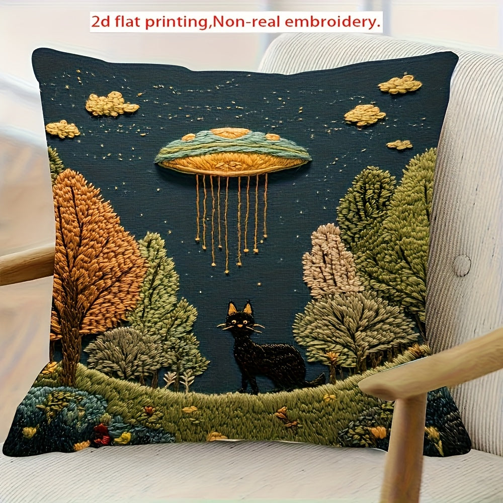 TEMU 2d Flat, 2d Flat To With Ufo And Cat 2d Printed Pillowcase, Embroidered Flat Printing Decorative Cushion Cover, Size 45cm×45cm, Soft Polyester