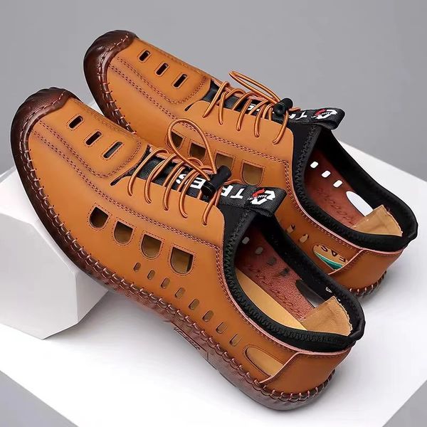 Men&#039;s shoes men&#039;s sandals spring and summer new casual hollow leather shoes fashionable light soft bottom hole shoes