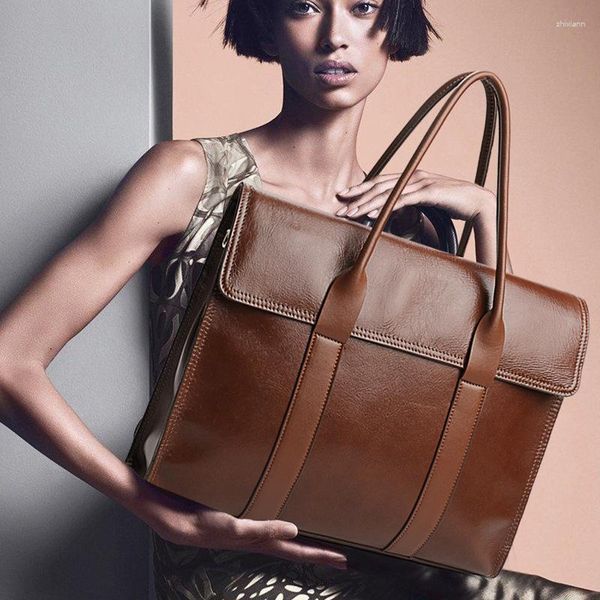 Clutch Bags Top Layer Oil Wax Cowhide Business Lawyer Bag For Men And Women One-shoulder Crossbody Handbag Fashionable All-match Brown