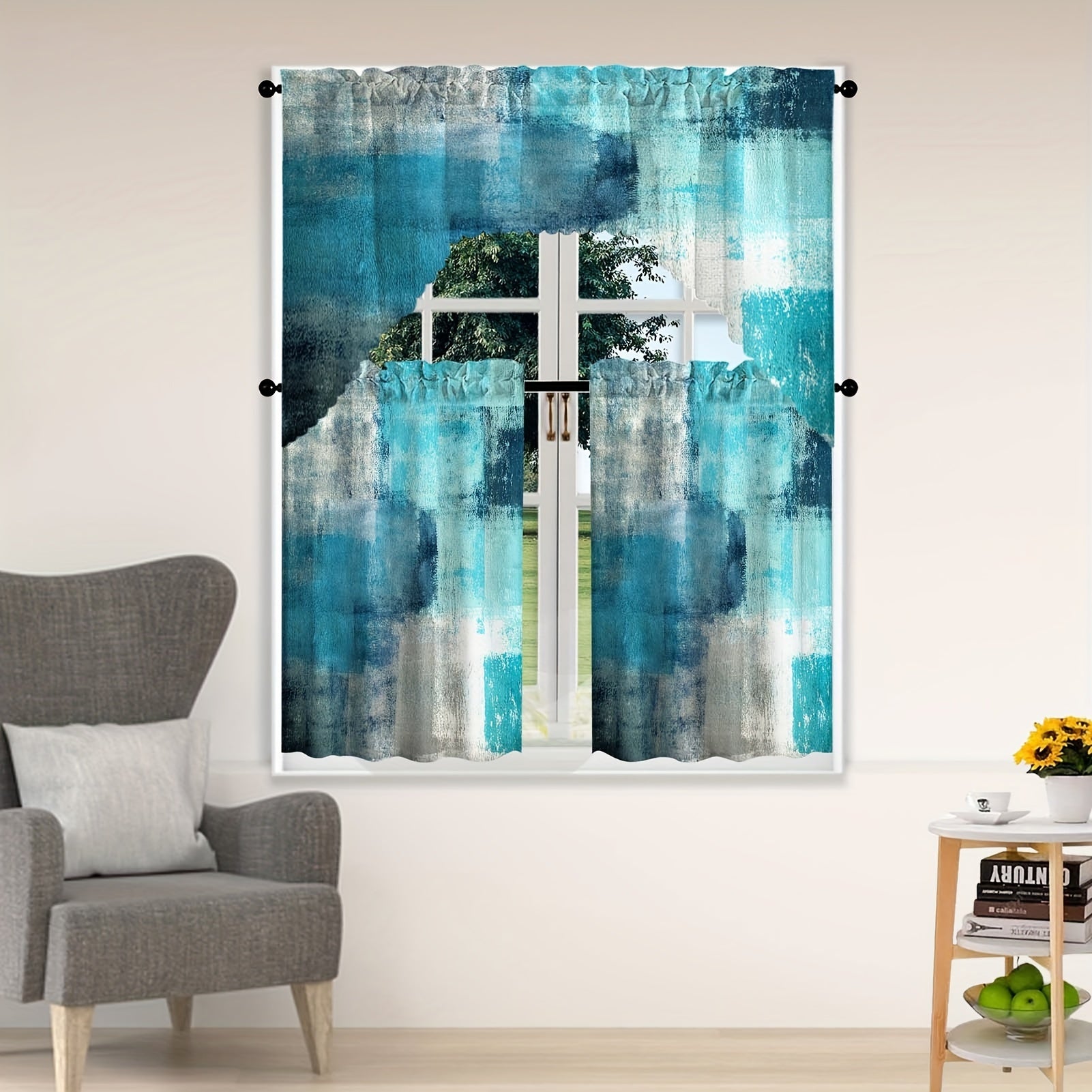 TEMU Turquoise Kitchen Curtains Set With Valance, 3pcs Kitchen Curtain Abstract Art Rod Pocket Curtain For Kitchen Window Modern Unique Patterns