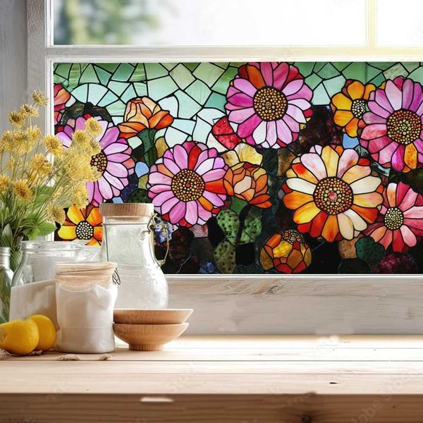 Stained Glass Window FilmFlower Pattern Static Cling Decorative Window Tinting Film Non-Adhesive Glass Window Decals Decor Y240810