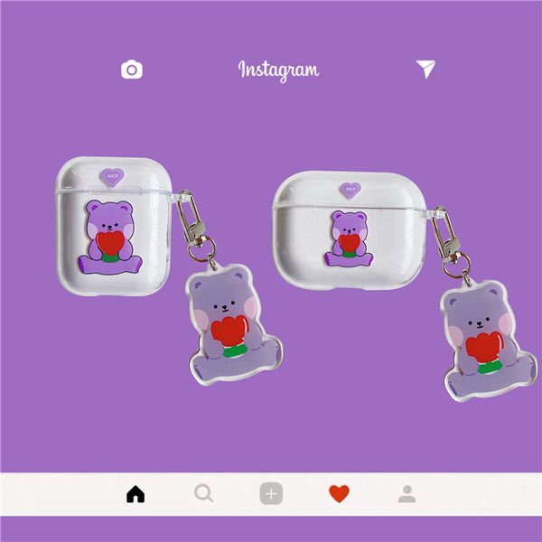 ddmygifts Purple Love Bear Pendant Suitable for Pro 2-3 Generation Bluetooth Wireless Earphone Cover Transparent Soft A