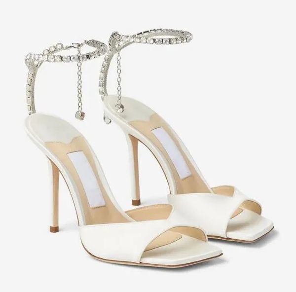 Summer Elegant Brand Bridal Wedding Saeda Women Pumps Patent Leather SandalsWith Crystal Chain Stiletto Heels Lady Gladiator Sandalias EU35-