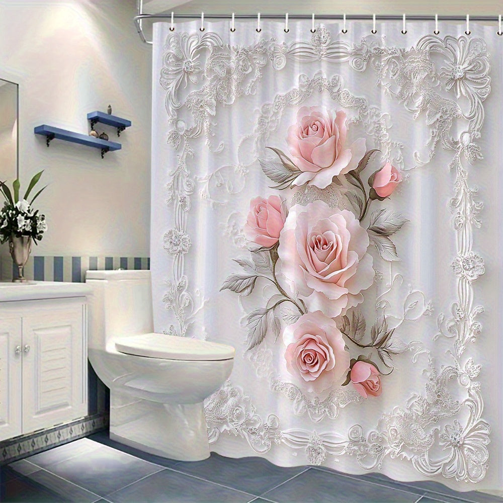 TEMU An Elegant Shower Curtain With Silvery Leaves And Lace Pattern- Romantic Vintage In Light Tones, 70.86x 70.86inch Cm, Comes With 12 Hooks, Home