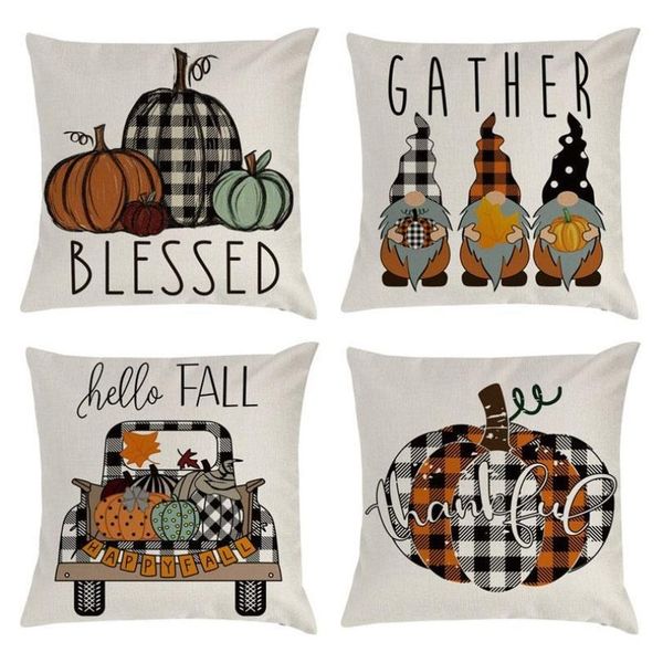 Pillow Case Fall Thanksgiving Plaid Gnomes Pumpkin Outdoor Decorative Throw Pillow Case Autumn Cushion FY5448 831
