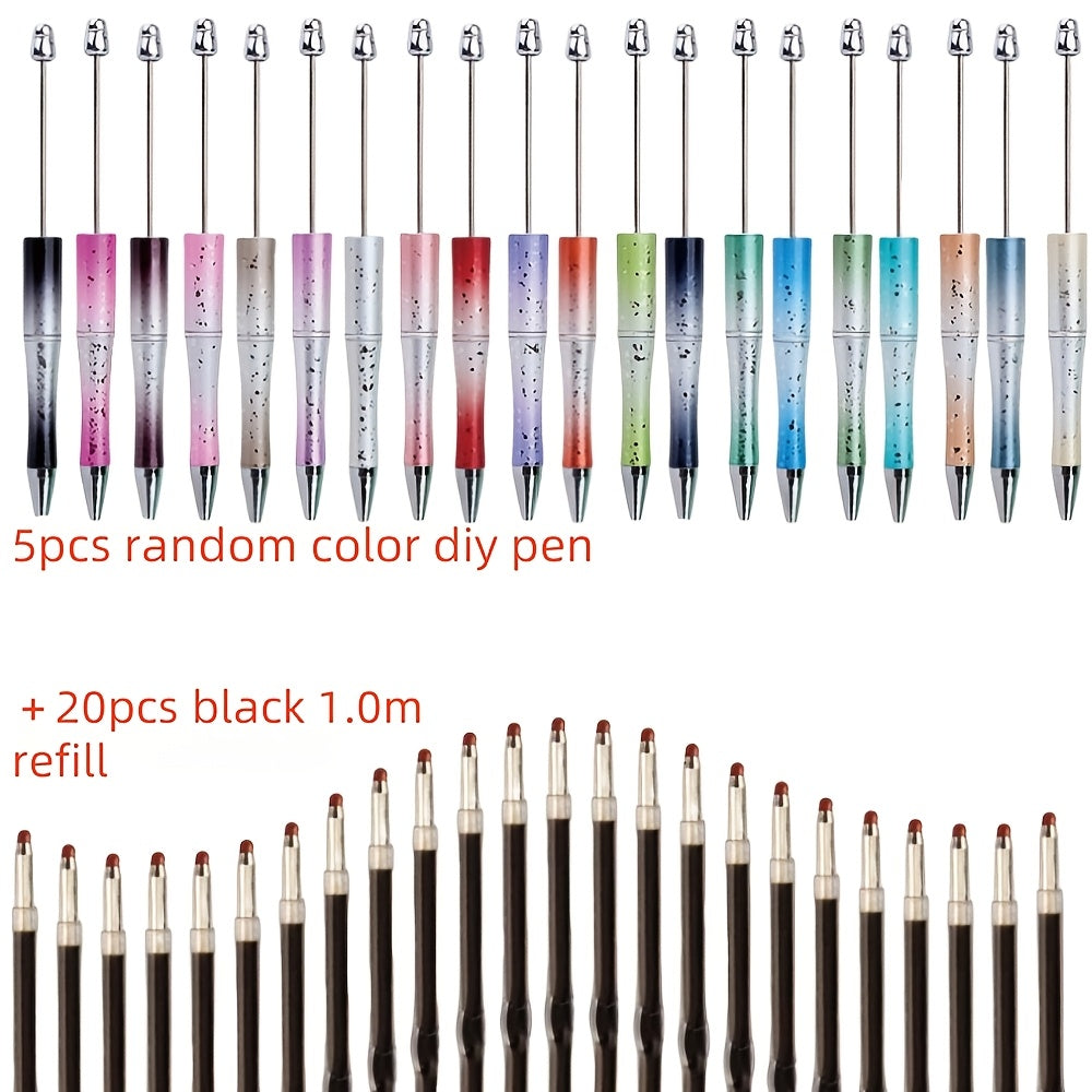 TEMU 25pcs Set Of 5 Diy Pens + 20 Black Refills, Shiny Starry Sky Plated Beaded Ballpoint Pen Focus Pearl Making Kit For And Jewelry
