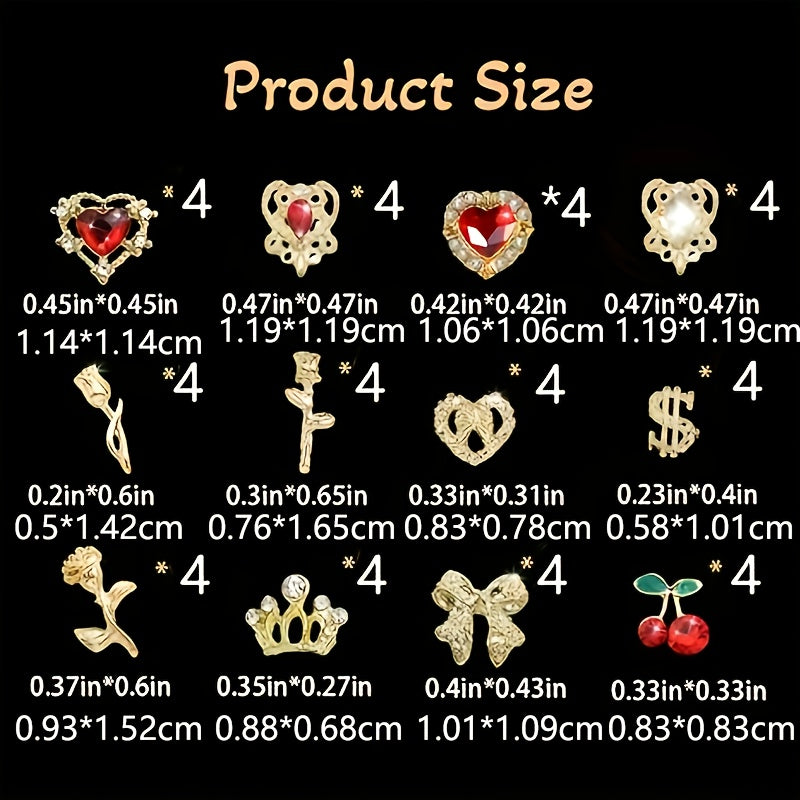 TEMU 48pcs 3d Golden Y2k Bulk Art Decor Set Charms Including Heart Rhinestones, Cherries Dollars Roses Crowns And More For Nail