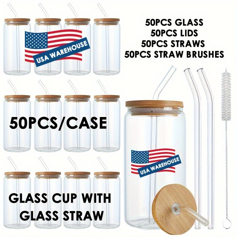 TEMU 50pcs Reusable Glass Cups With Bamboo Lids & Glass Straws - 16oz Microwave- Can-shaped Tumblers For Iced Coffee, Tea, Juice, Milk - Drinking