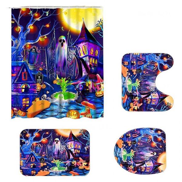 Halloween Pumpkin Halloween Horror and Terror Anti slip Carpet Toilet Lid and Bath Carpet Shower Curtain with 12 HooksX240820
