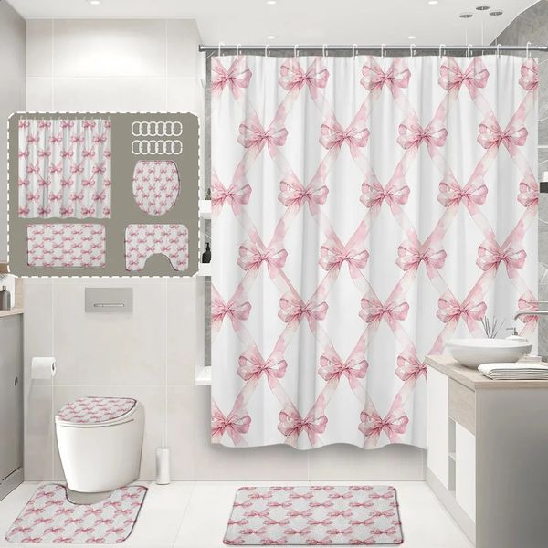 Fantasy Bow Shower Curtain Princess Cute Modern Minimalist Checkered Home Bathroom Decoration Set Toilet Lid Floor Carpet 240828