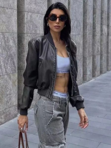 ZBZA Womens PU Leather Jacket Coat Solid Long Sleeves Crew Neck Zipper Pocket Bomber Short Outerwear Fall Winter Female Top 241217