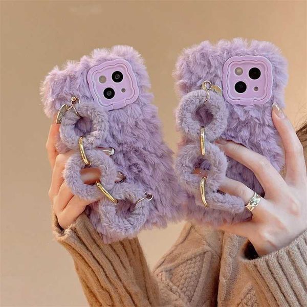 Hot Sale Fashionable Korean Purple Plush Bracelet Silicone Case Suitable for iPhone 16 Pro Max 15 14 13 12 Winter Fluffy Cute Shockproof Cov